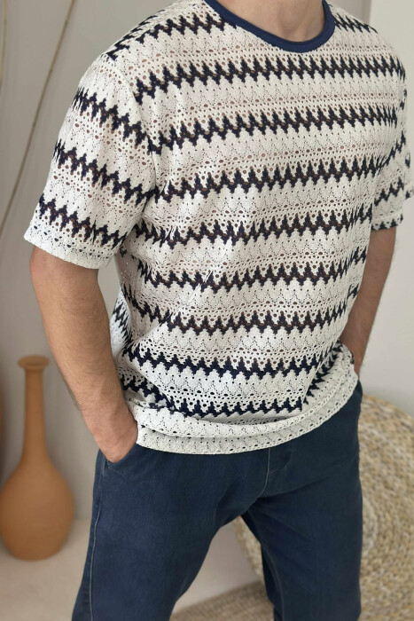 ROUND NECK SIMPLE DESIGN MEN T-SHIRT CREAM-BLUE/KREM-BLU - 2