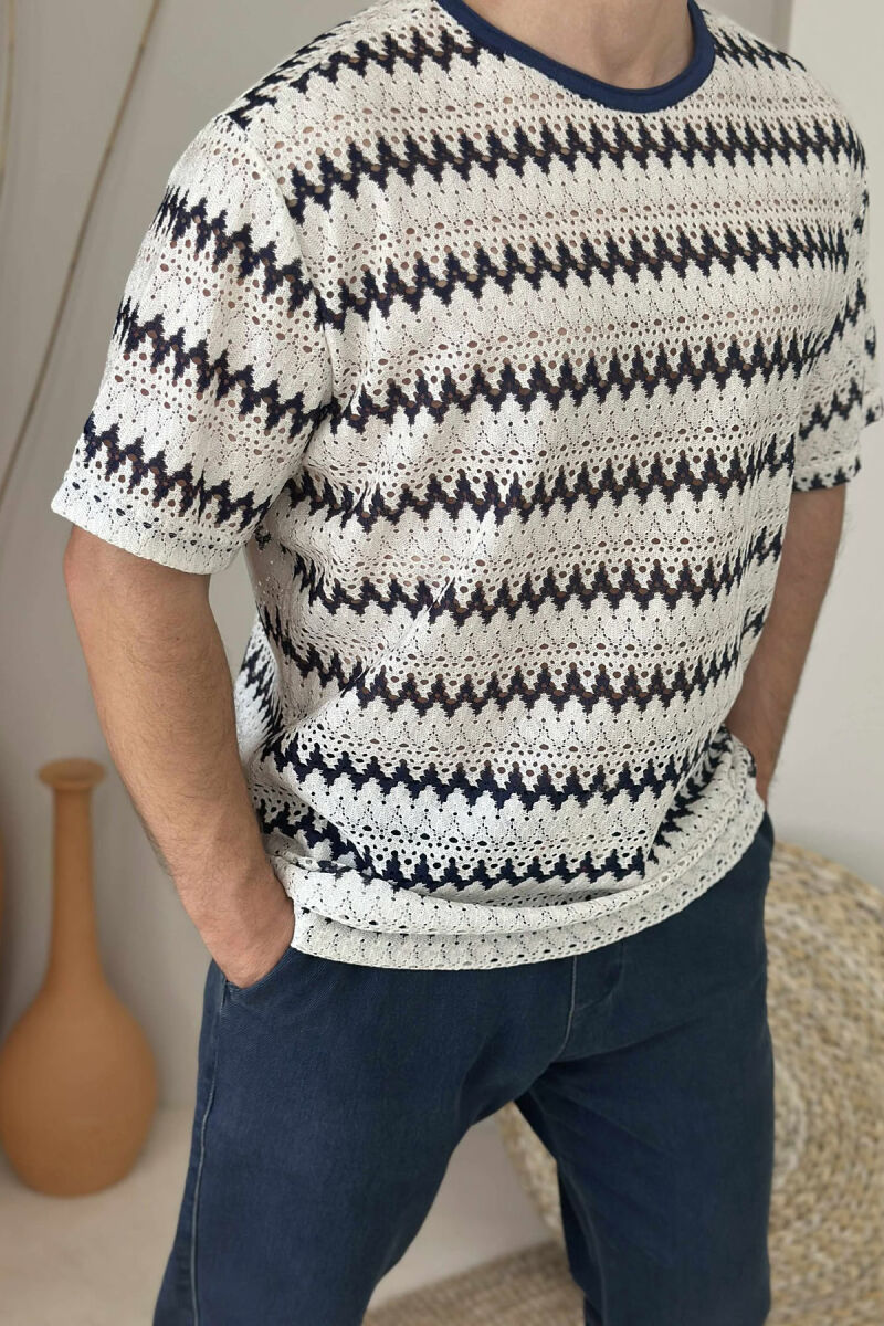 ROUND NECK SIMPLE DESIGN MEN T-SHIRT CREAM-BLUE/KREM-BLU - 2