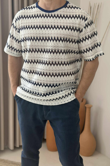 ROUND NECK SIMPLE DESIGN MEN T-SHIRT CREAM-BLUE/KREM-BLU - 4