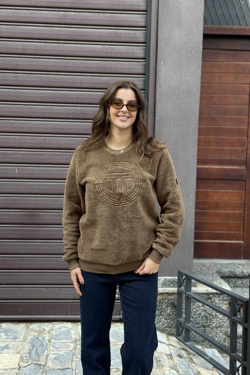 ROUND NECK SIMPLE FLUFFY WOMEN SWEATSHIRT BROWN/KAFE - 2