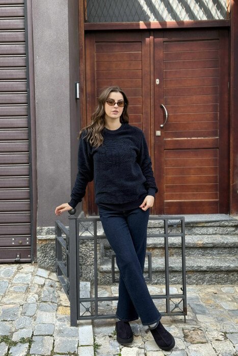 BLUZË ME PUSH DHE JAKË TË RRUMBULLAKËT PËR FEMRA NË NGJYRË BLU TË ERRËT - KLAUDIO FASHION