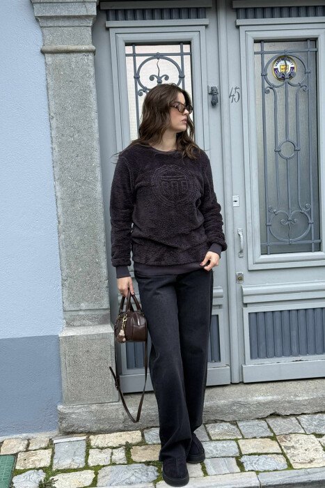 ROUND NECK SIMPLE FLUFFY WOMEN SWEATSHIRT DARK GREY/GEE - 1