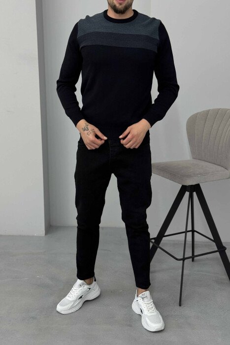 ROUND NECK SIMPLE MEN SWEATER DARK BLUE/BEE 