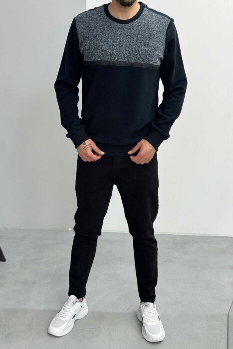 ROUND NECK SIMPLE MEN SWEATER DARK BLUE/BEE - 