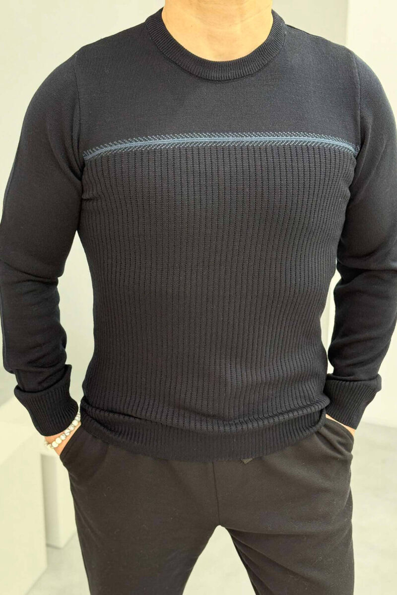 ROUND NECK SIMPLE MEN SWEATER DARK BLUE/BEE - 1