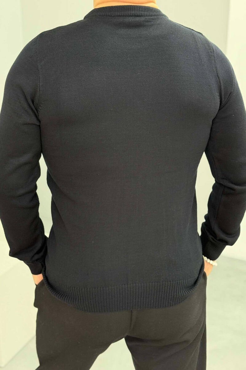 ROUND NECK SIMPLE MEN SWEATER DARK BLUE/BEE - 2
