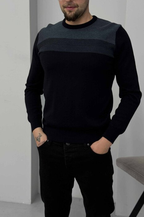 ROUND NECK SIMPLE MEN SWEATER DARK BLUE/BEE - 2