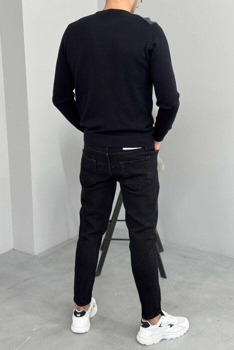 ROUND NECK SIMPLE MEN SWEATER DARK BLUE/BEE - 3