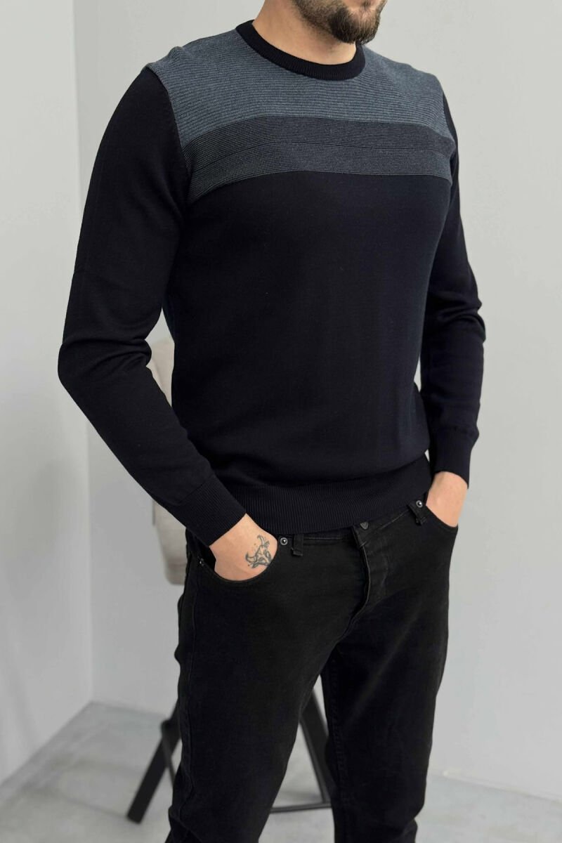 ROUND NECK SIMPLE MEN SWEATER DARK BLUE/BEE - 4