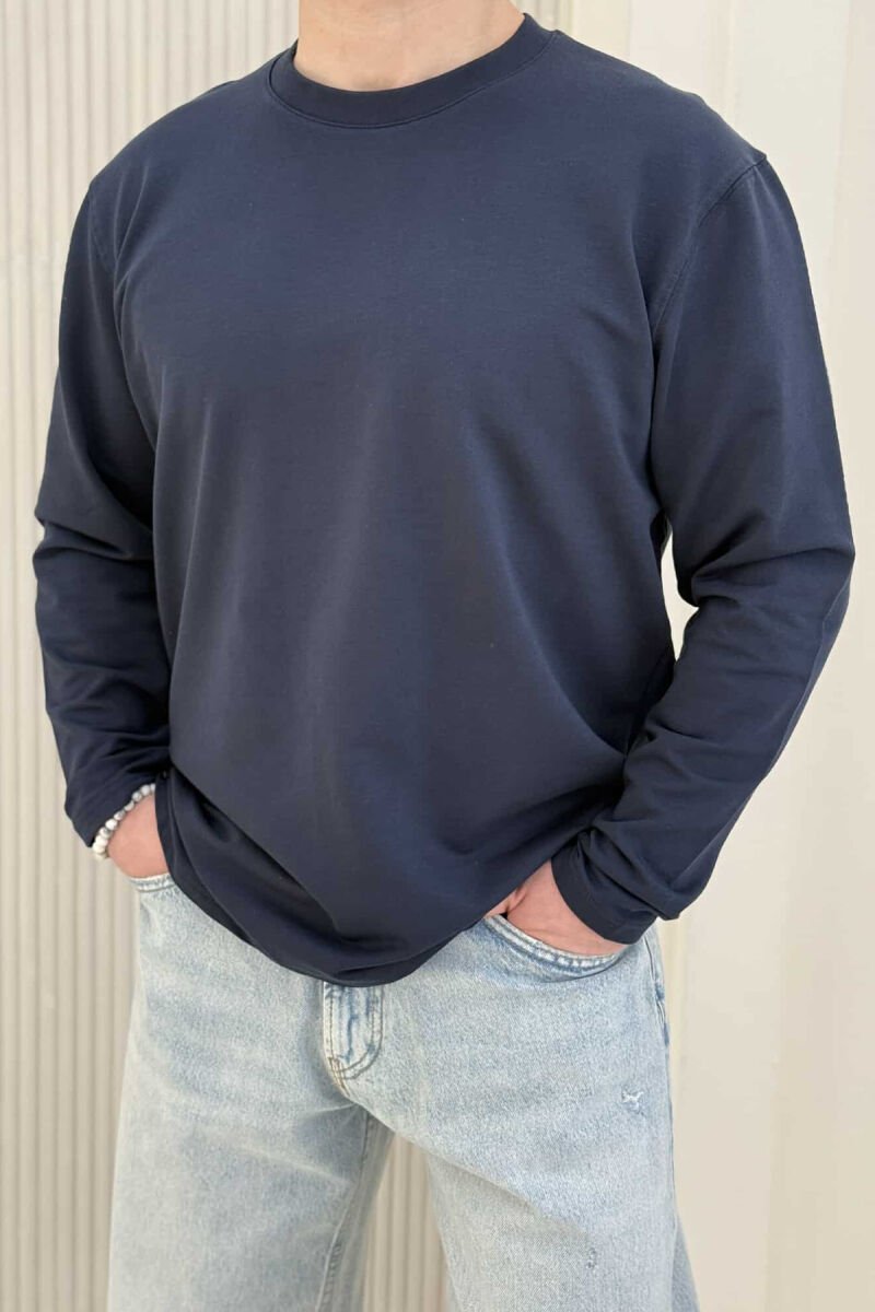 ROUND NECK SIMPLE MEN SWEATSHIRT DARK BLUE/BEE - 1