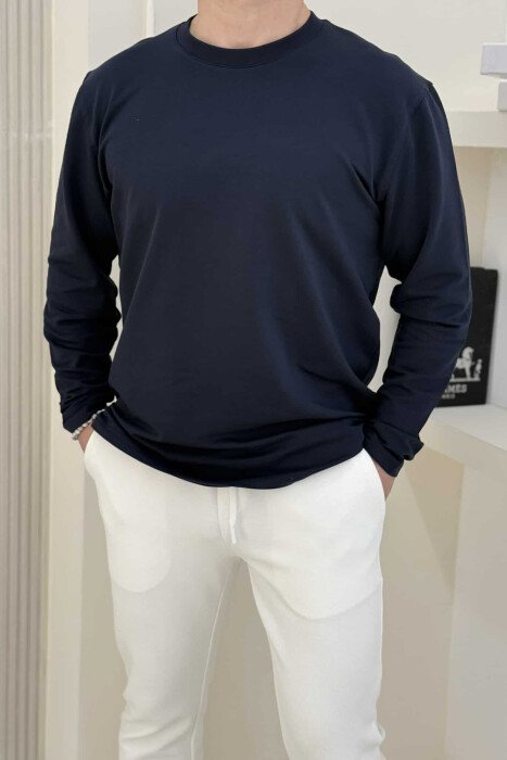 ROUND NECK SIMPLE MEN SWEATSHIRT DARK BLUE/BEE - 4