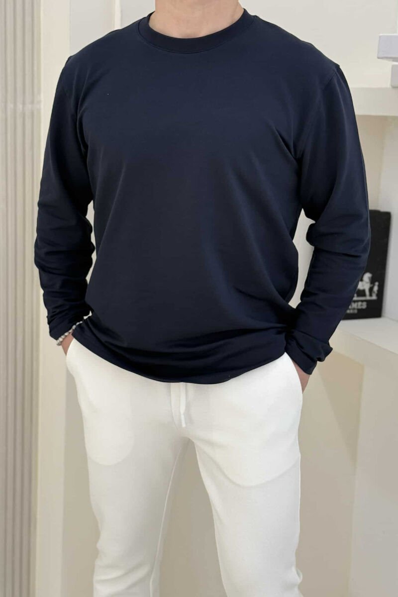ROUND NECK SIMPLE MEN SWEATSHIRT DARK BLUE/BEE - 4