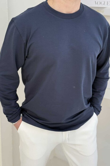 ROUND NECK SIMPLE MEN SWEATSHIRT DARK BLUE/BEE - 5