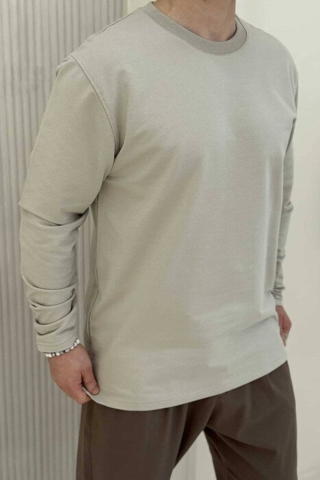 ROUND NECK SIMPLE MEN SWEATSHIRT LIGHT BEIGE/BZHZB - 1