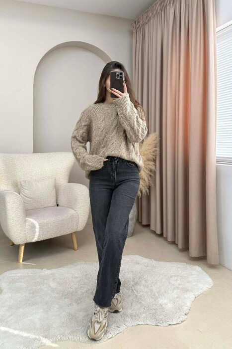 ROUND NECK SIMPLE WOMEN SWEATER DARK BEIGE/BEZHE ERRET 