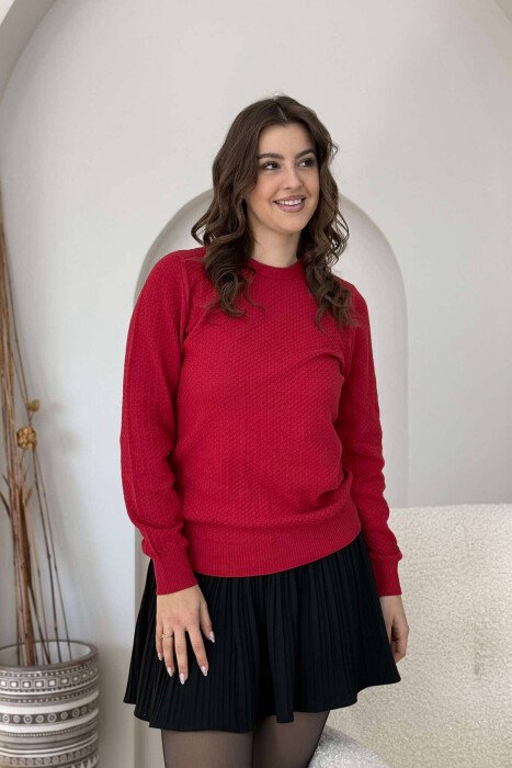 ROUND NECK SIMPLE WOMEN SWEATER RED/E KUQE - KLAUDIO FASHION
