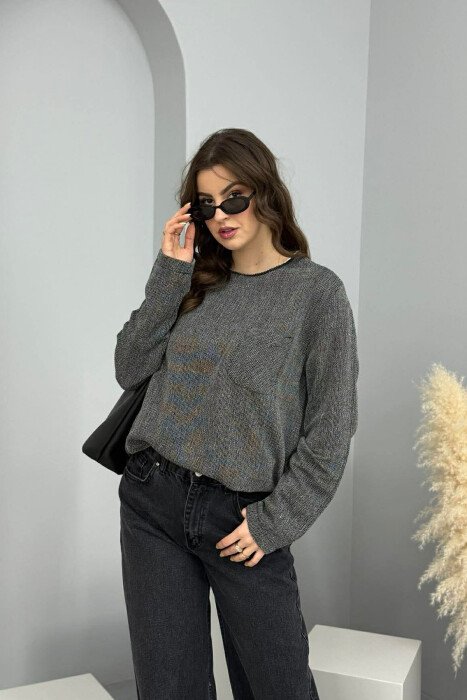 ROUND NECK SINGLE POCKET WOMEN SWEATER BLACK/ E ZEZE - 3