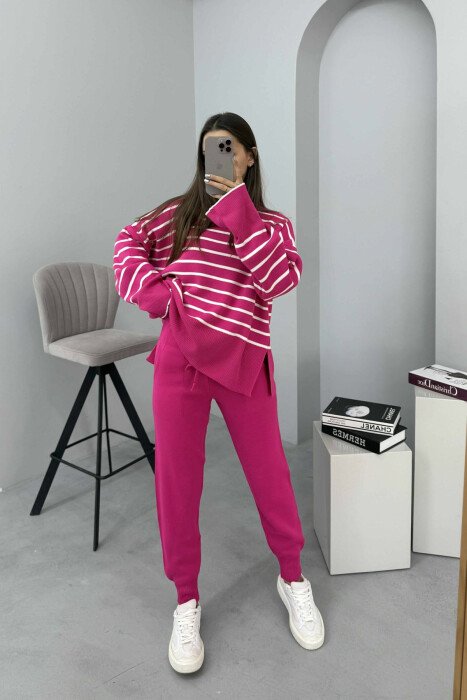 ROUND NECK STRIPES SWEATER+TROUSERS KNIT WOMEN SET FUCHSIA/CIKLAMI - 2