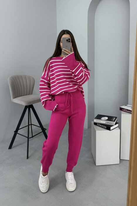 ROUND NECK STRIPES SWEATER+TROUSERS KNIT WOMEN SET FUCHSIA/CIKLAMI - 1