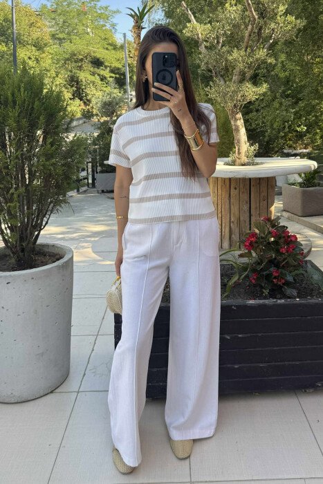 ROUND NECK STRIPE DESIGN WOMEN T-SHIRT WHITE-BEIGE/BABZH - KLAUDIO FASHION
