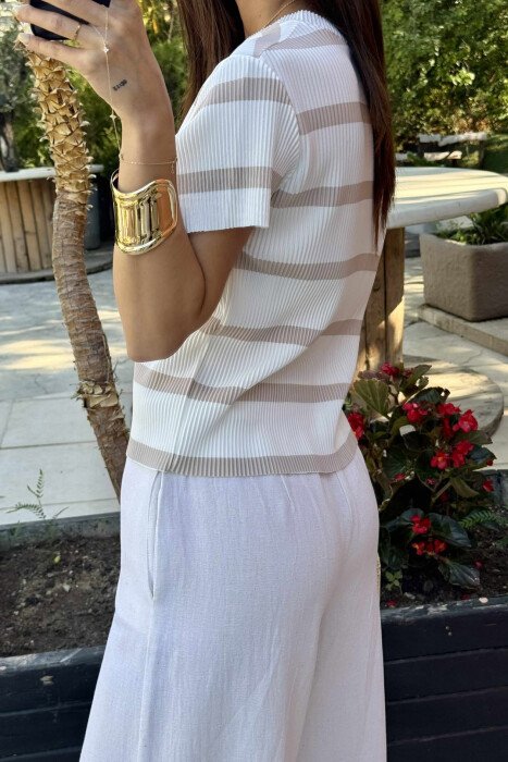 ROUND NECK STRIPE DESIGN WOMEN T-SHIRT WHITE-BEIGE/BABZH - 4