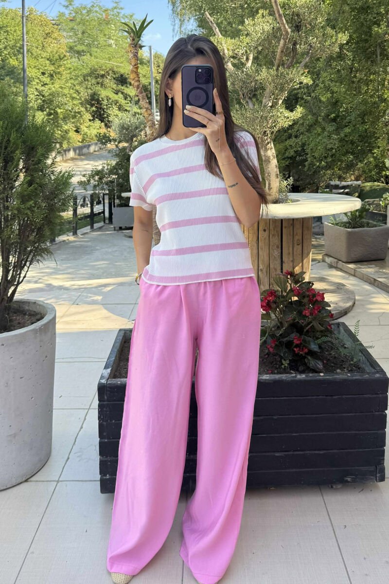 ROUND NECK STRIPE DESIGN WOMEN T-SHIRT WHITE-PINK/BARO - 1