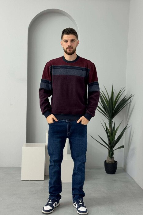 ROUND NECK STRIPED MEN SWEATER BURGUNDY/VISHNJE - 2