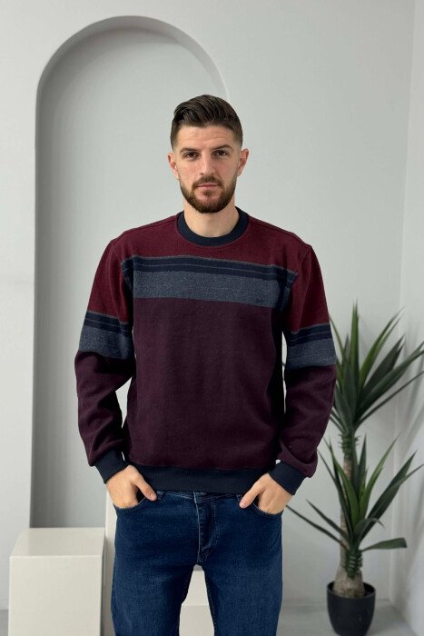 ROUND NECK STRIPED MEN SWEATER BURGUNDY/VISHNJE - 3