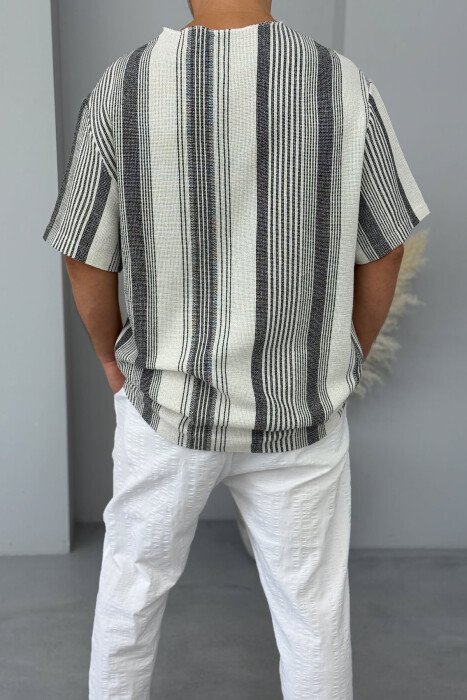 ROUND NECK STRIPED MEN T-SHIRT CREAM+BLACK/KREM+ZEZE - 2