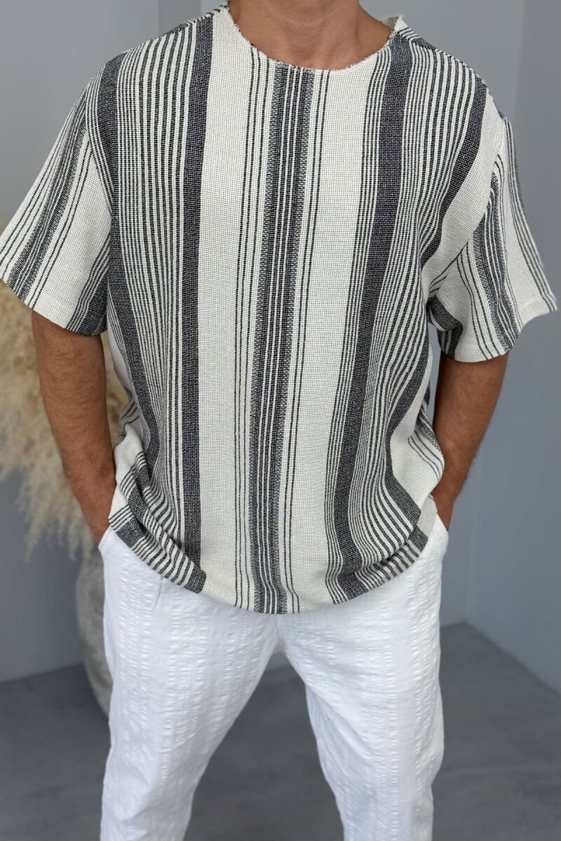 ROUND NECK STRIPED MEN T-SHIRT CREAM+BLACK/KREM+ZEZE - 3