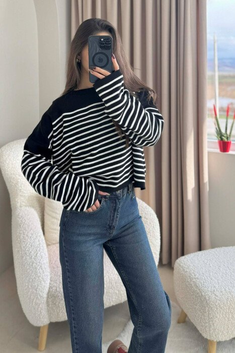 ROUND NECK STRIPED SIMPLE WOMEN SWEATER BLACK/ E ZEZE - 2
