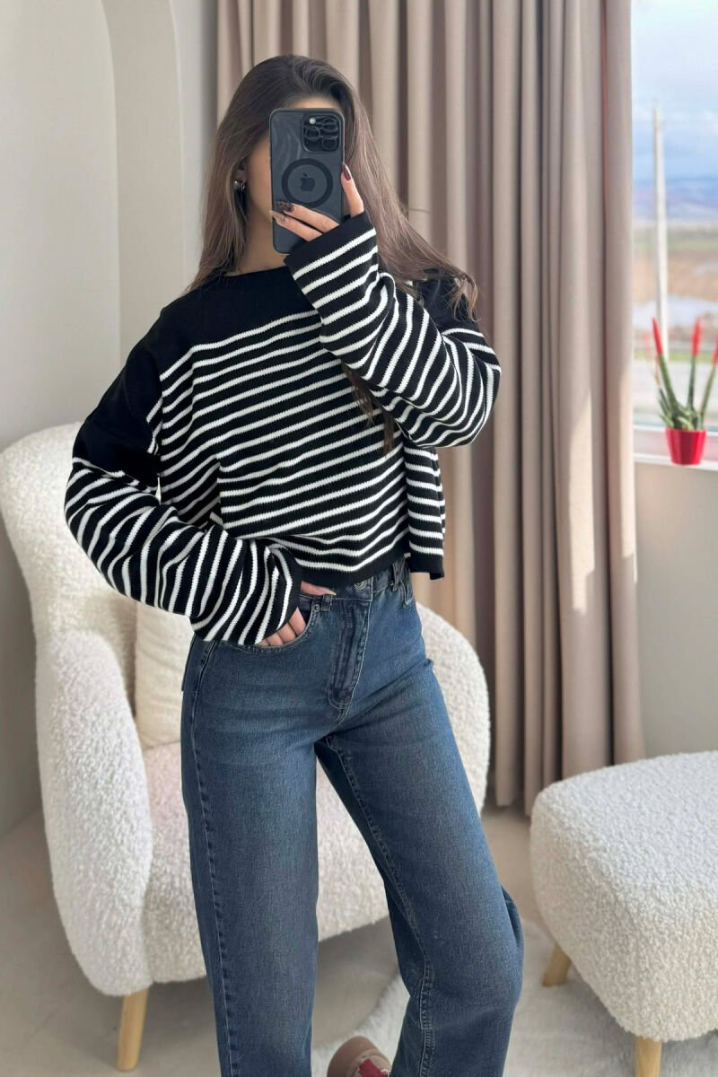 ROUND NECK STRIPED SIMPLE WOMEN SWEATER BLACK/ E ZEZE - 2