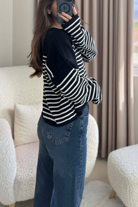 ROUND NECK STRIPED SIMPLE WOMEN SWEATER BLACK/ E ZEZE - 4