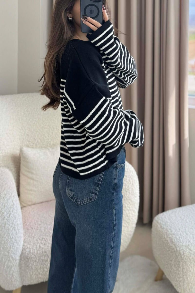 ROUND NECK STRIPED SIMPLE WOMEN SWEATER BLACK/ E ZEZE - 4