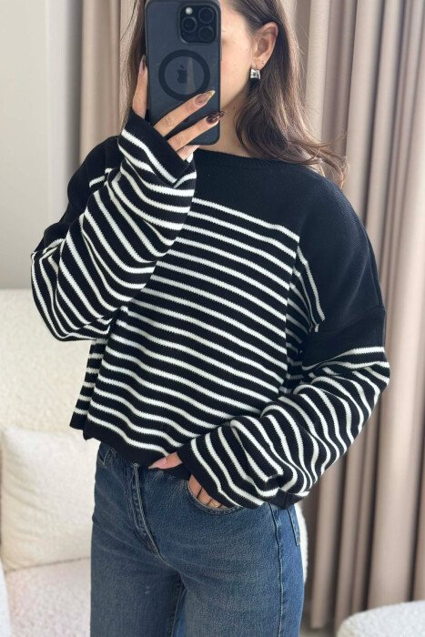 ROUND NECK STRIPED SIMPLE WOMEN SWEATER BLACK/ E ZEZE - 3