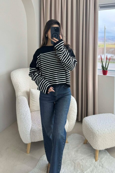 ROUND NECK STRIPED SIMPLE WOMEN SWEATER BLACK/ E ZEZE - 