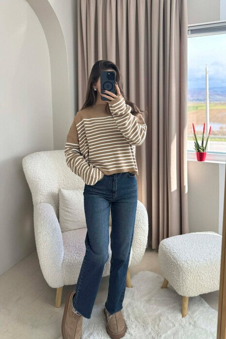 ROUND NECK STRIPED SIMPLE WOMEN SWEATER BROWN/KAFE - 