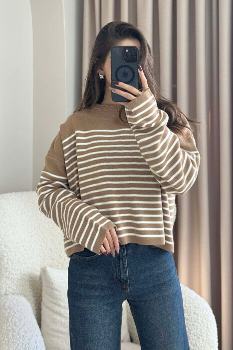 ROUND NECK STRIPED SIMPLE WOMEN SWEATER BROWN/KAFE - 3