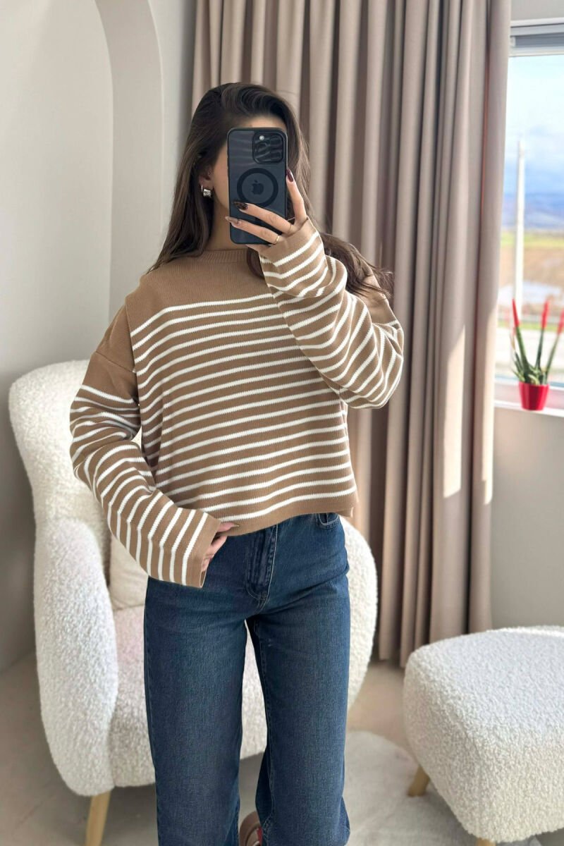 ROUND NECK STRIPED SIMPLE WOMEN SWEATER BROWN/KAFE - 2