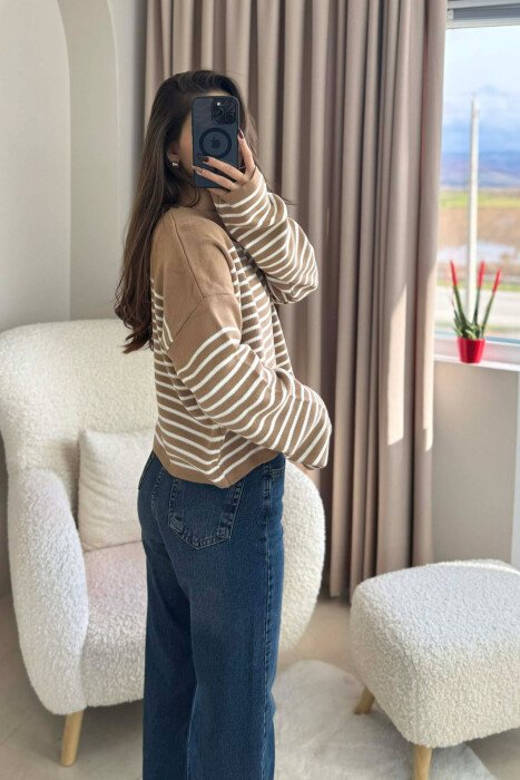 ROUND NECK STRIPED SIMPLE WOMEN SWEATER BROWN/KAFE - 4