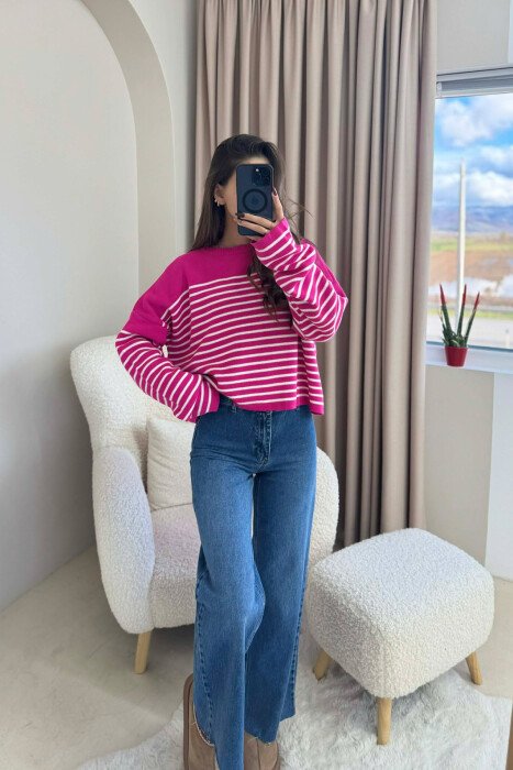 ROUND NECK STRIPED SIMPLE WOMEN SWEATER FUCHSIA/CIKLAMI - 1