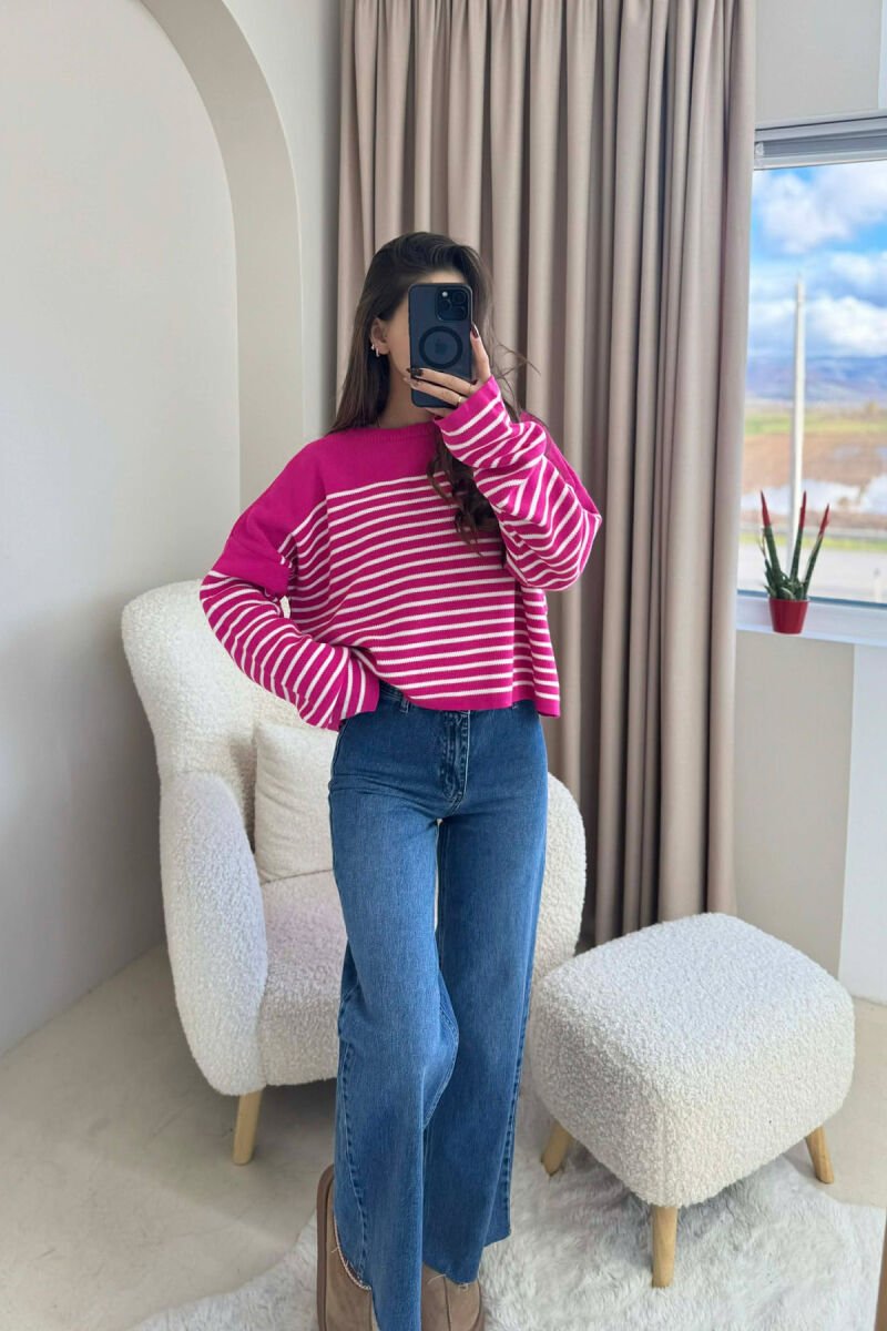 ROUND NECK STRIPED SIMPLE WOMEN SWEATER FUCHSIA/CIKLAMI - 1