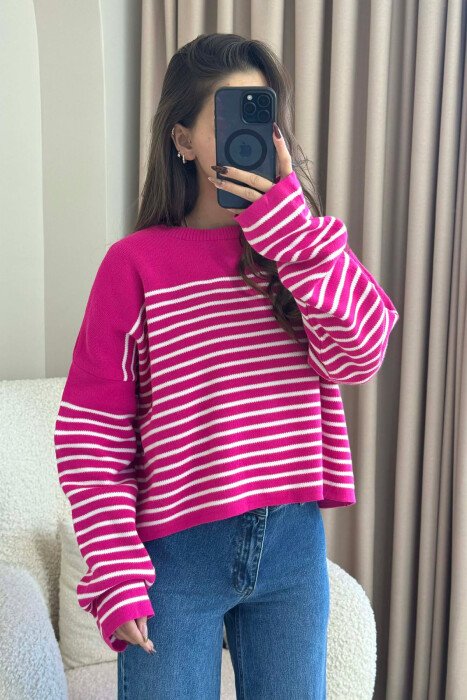 ROUND NECK STRIPED SIMPLE WOMEN SWEATER FUCHSIA/CIKLAMI - 3