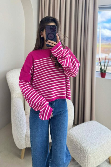 ROUND NECK STRIPED SIMPLE WOMEN SWEATER FUCHSIA/CIKLAMI - 2