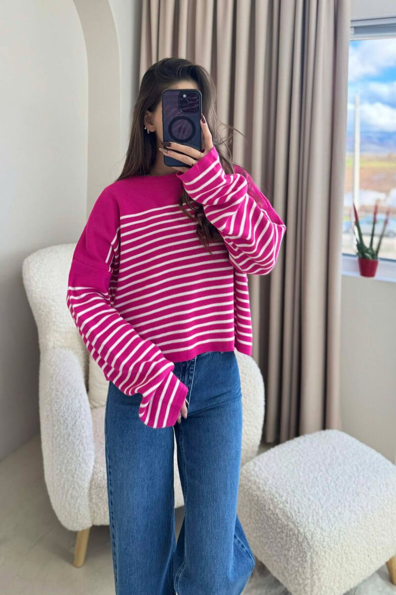 ROUND NECK STRIPED SIMPLE WOMEN SWEATER FUCHSIA/CIKLAMI - 2