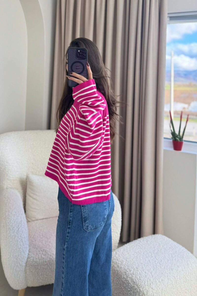 ROUND NECK STRIPED SIMPLE WOMEN SWEATER FUCHSIA/CIKLAMI - 4