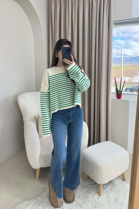 ROUND NECK STRIPED SIMPLE WOMEN SWEATER GREEN-CREAM/JESHILE-KREM - 1