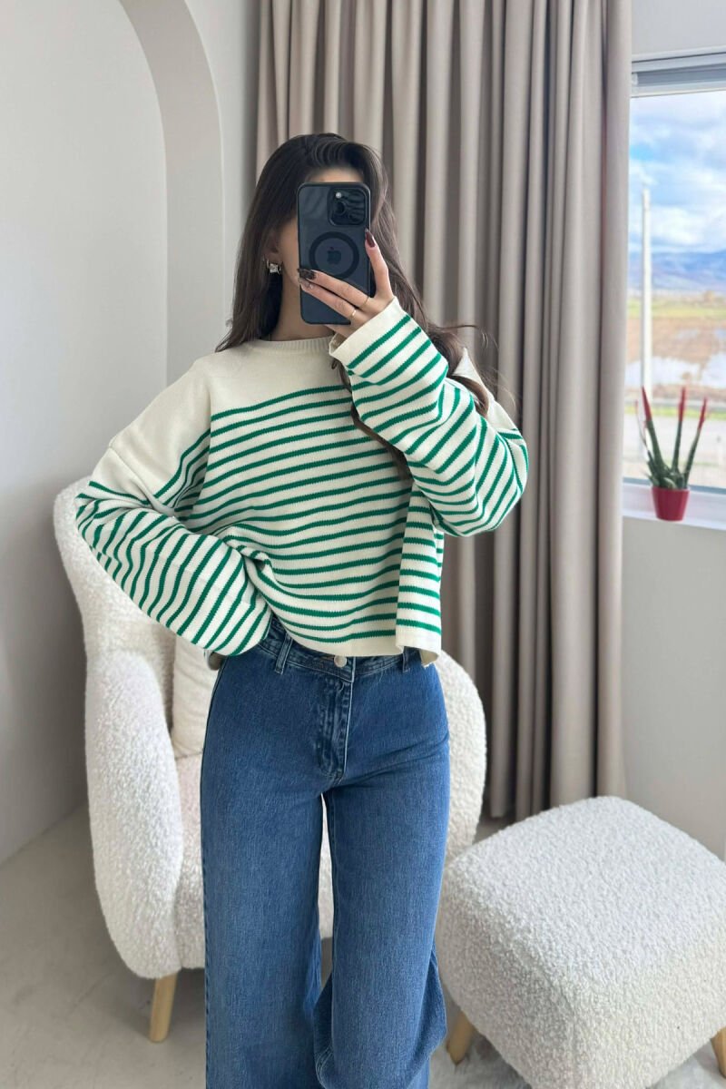ROUND NECK STRIPED SIMPLE WOMEN SWEATER GREEN-CREAM/JESHILE-KREM - 2