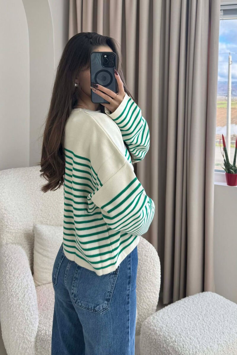 ROUND NECK STRIPED SIMPLE WOMEN SWEATER GREEN-CREAM/JESHILE-KREM - 3