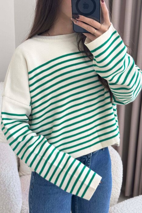 ROUND NECK STRIPED SIMPLE WOMEN SWEATER GREEN-CREAM/JESHILE-KREM - 4
